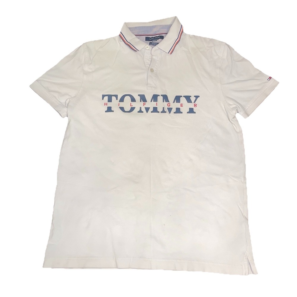 Tommy Hilfiger Men's Large Custom Fit Polo Shirt Red Blue Spell Out Short Sleeve